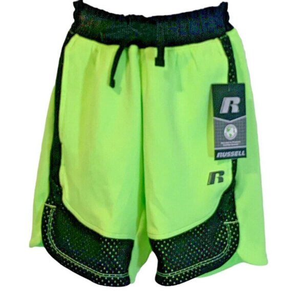 Russell Boys Lime Green Black Knit Shorts Size M8 Drawstring Waist - Picture 1 of 11